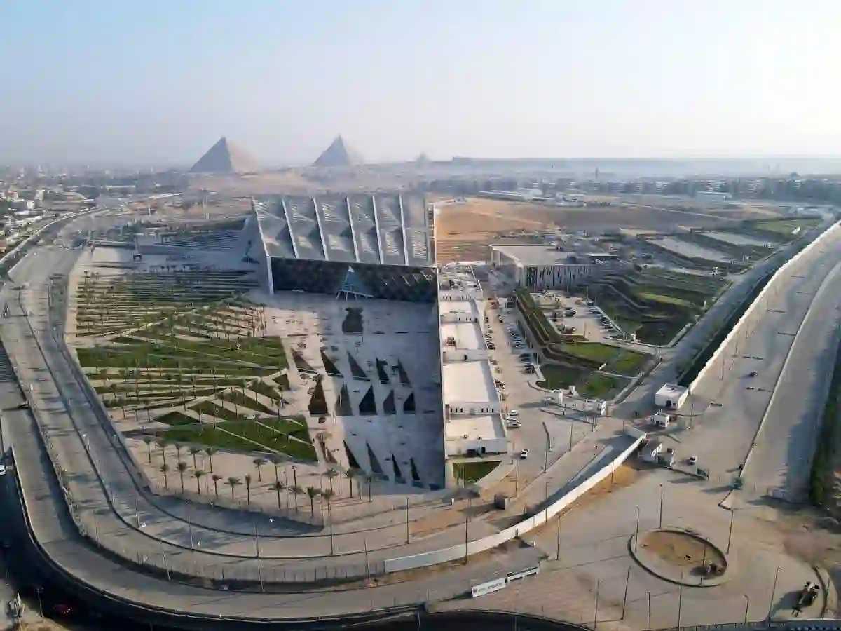 Grand Egyptian Museum near Giza Pyramids showcasing modern architecture and ancient Egyptian artifacts