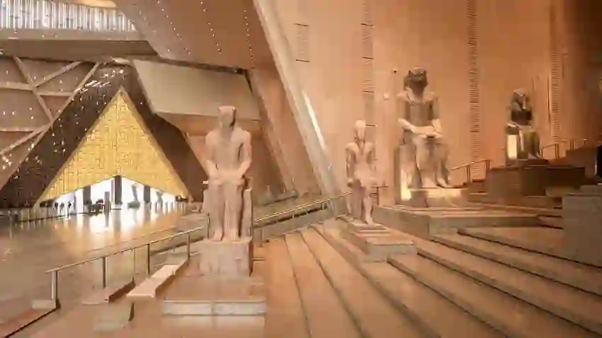 Grand Egyptian Museum near Giza Pyramids showcasing modern architecture and ancient Egyptian artifacts