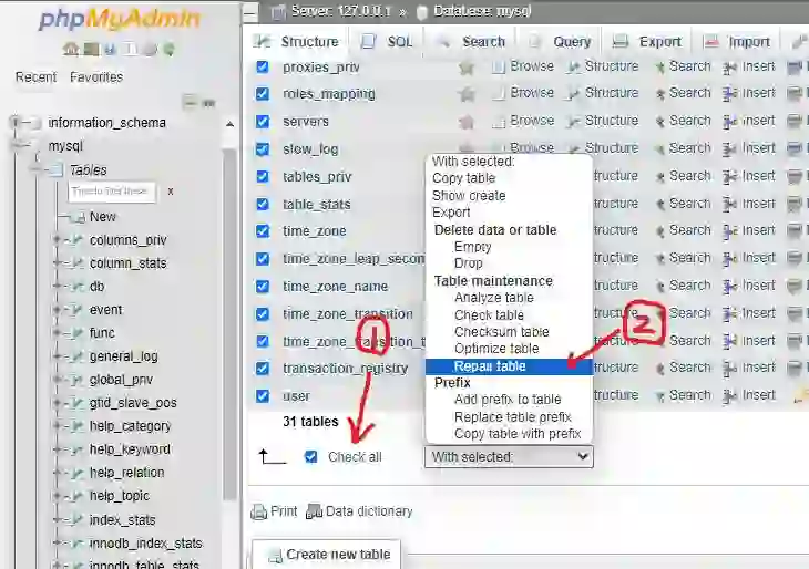 “Repairing and optimizing MySQL database tables using phpMyAdmin”