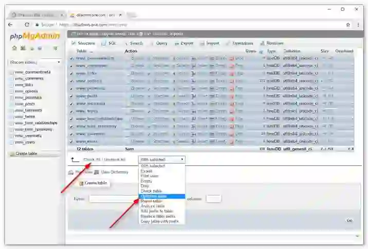 “Repairing and optimizing MySQL database tables using phpMyAdmin”