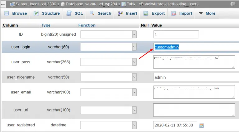 “Changing the WordPress administrator username through phpMyAdmin”