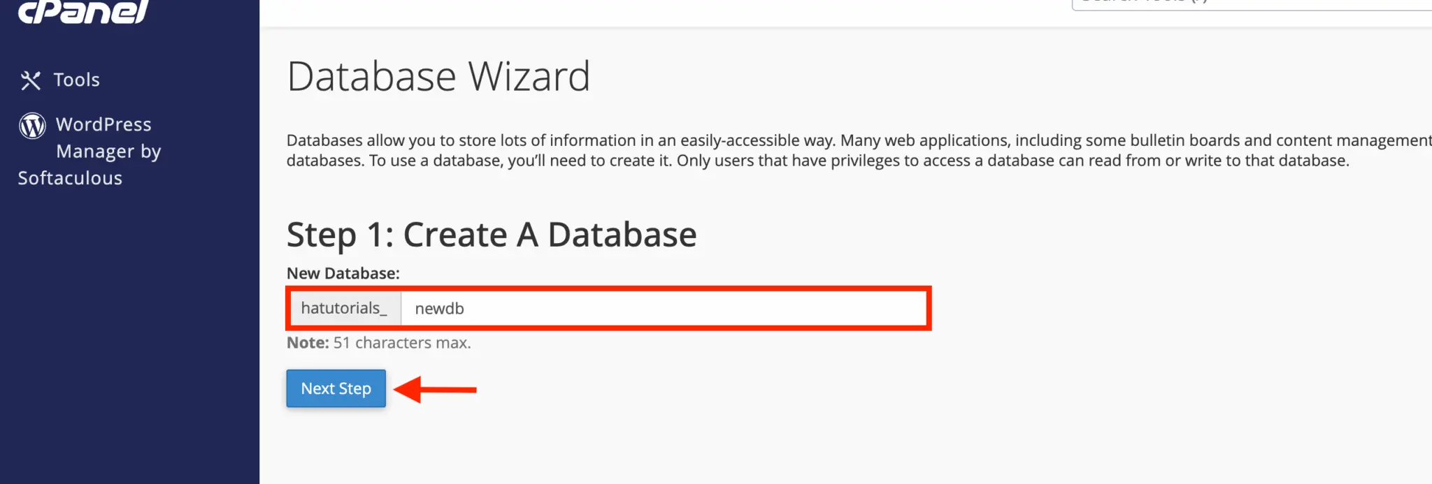 “Creating a MySQL database using cPanel MySQL Database Wizard”