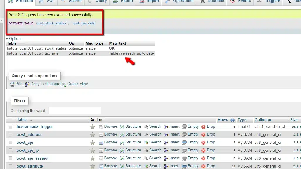 “Repairing and optimizing MySQL database tables using phpMyAdmin”