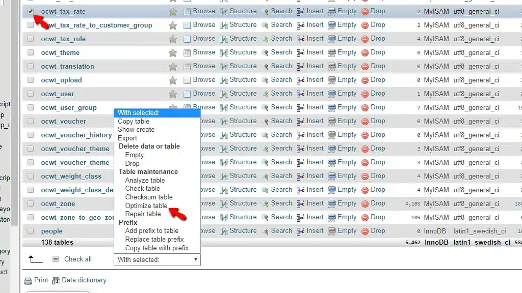 “Repairing and optimizing MySQL database tables using phpMyAdmin”