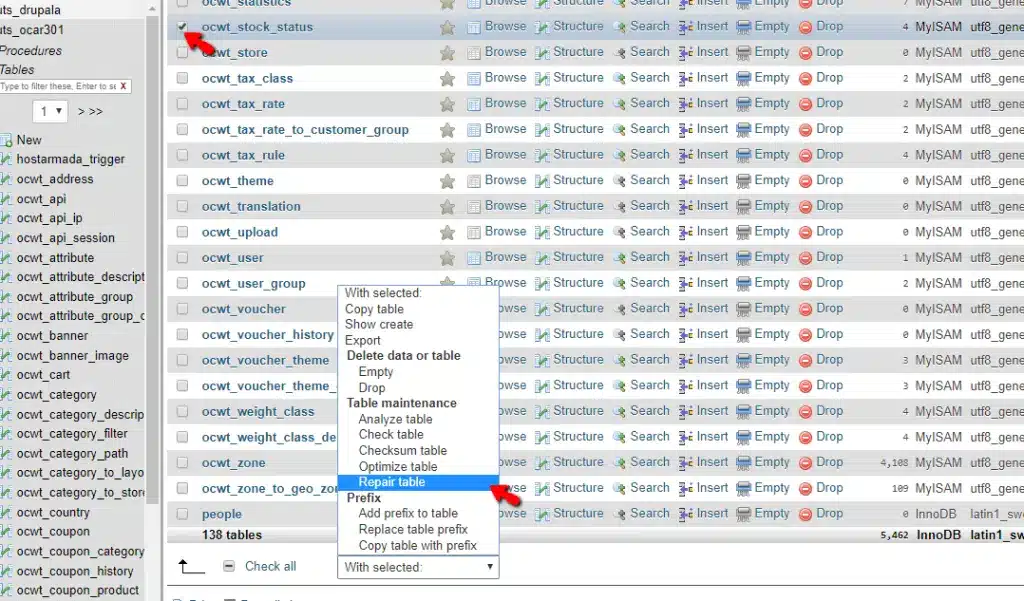 “Repairing and optimizing MySQL database tables using phpMyAdmin”