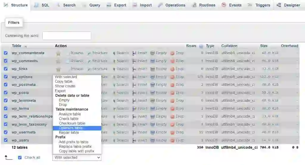 “Repairing and optimizing MySQL database tables using phpMyAdmin”