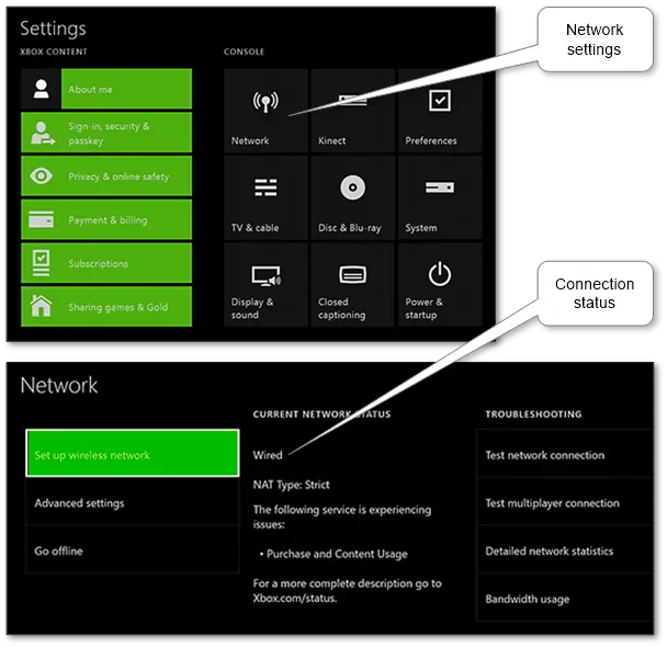 Xbox connected to internet via Ethernet cable and Wi-Fi showing network setup for online gaming