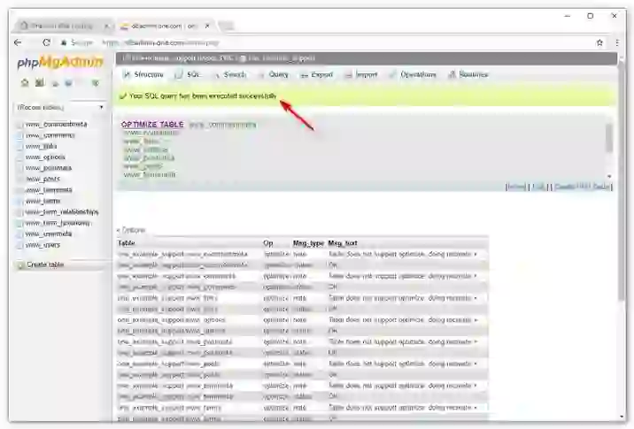 “Repairing and optimizing MySQL database tables using phpMyAdmin”