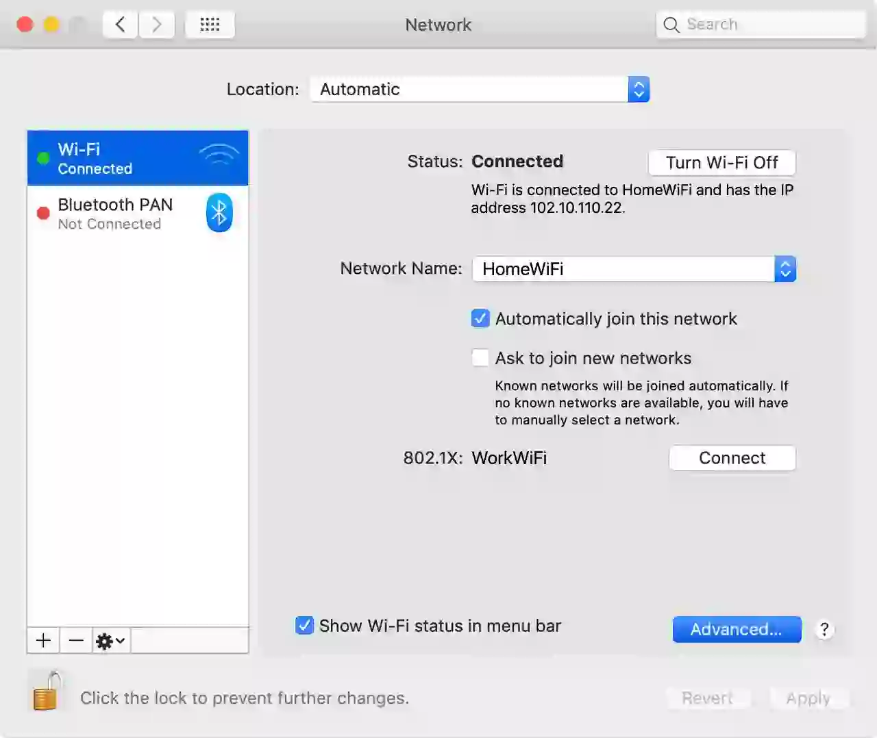 “MacBook connected to a wireless Wi-Fi network using macOS settings”