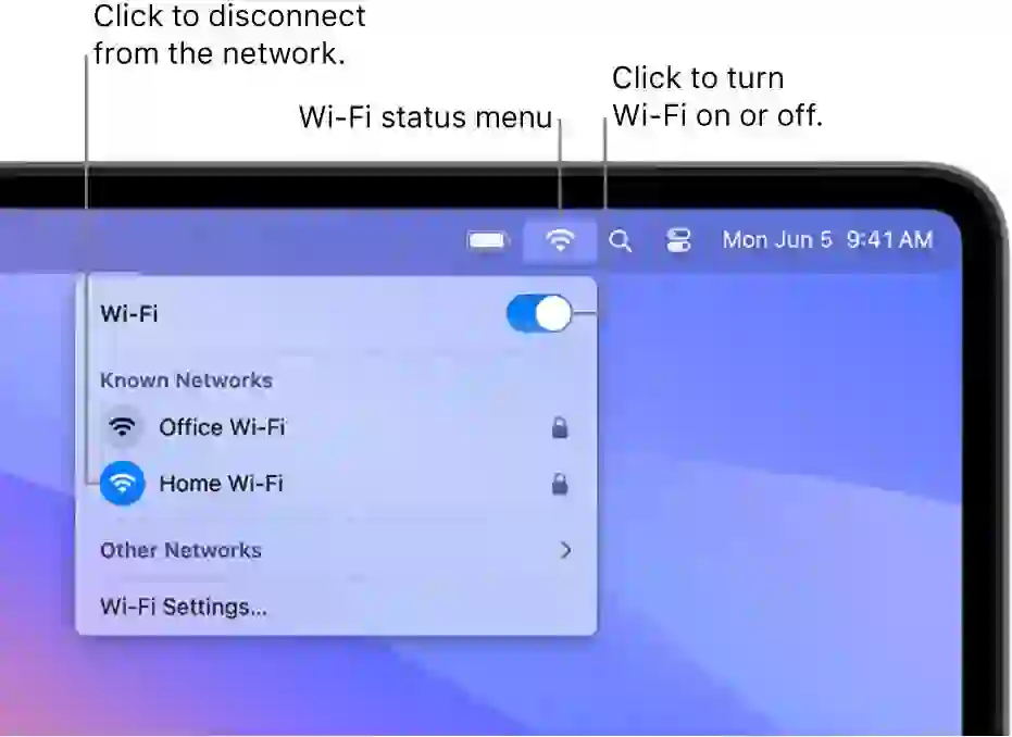 “MacBook connected to a wireless Wi-Fi network using macOS settings”