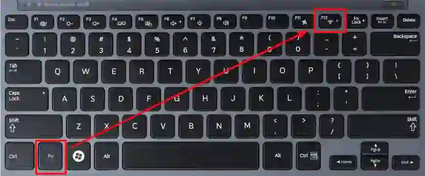 “Turning on Wi-Fi on a laptop using keyboard shortcut and wireless settings”