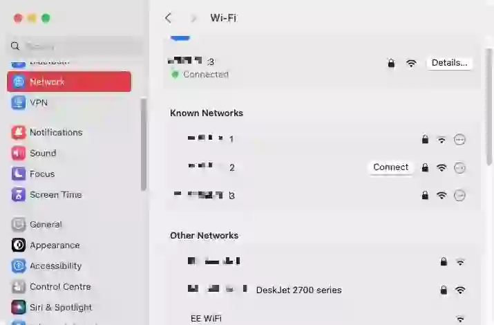 “MacBook connected to a wireless Wi-Fi network using macOS settings”