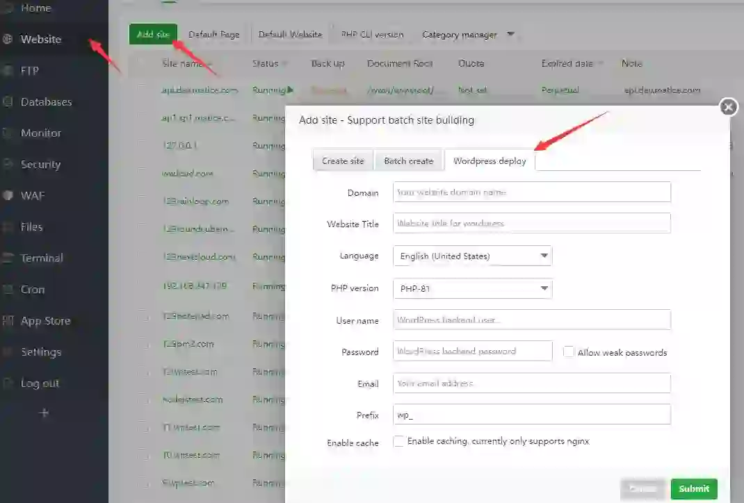 “WordPress installation and VPS server configuration dashboard”