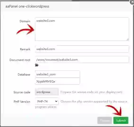 “WordPress installation and VPS server configuration dashboard”