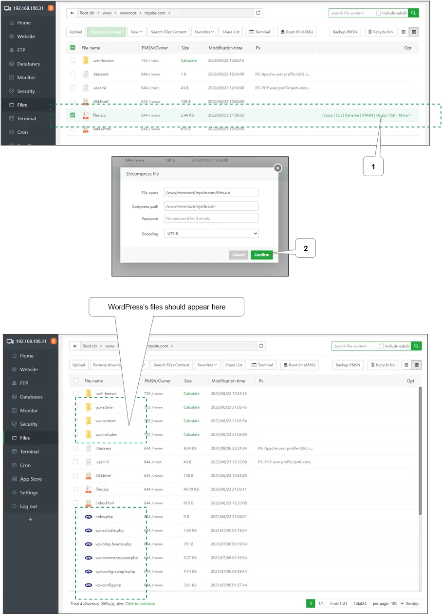 “WordPress installation and VPS server configuration dashboard”