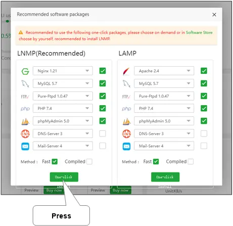 “WordPress installation and VPS server configuration dashboard”