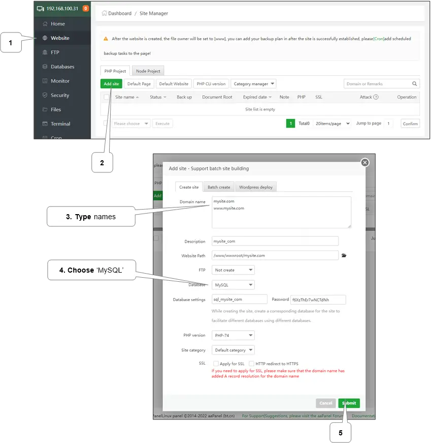 “WordPress installation and VPS server configuration dashboard”