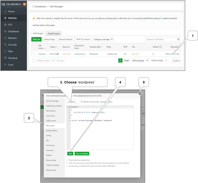 “WordPress installation and VPS server configuration dashboard”