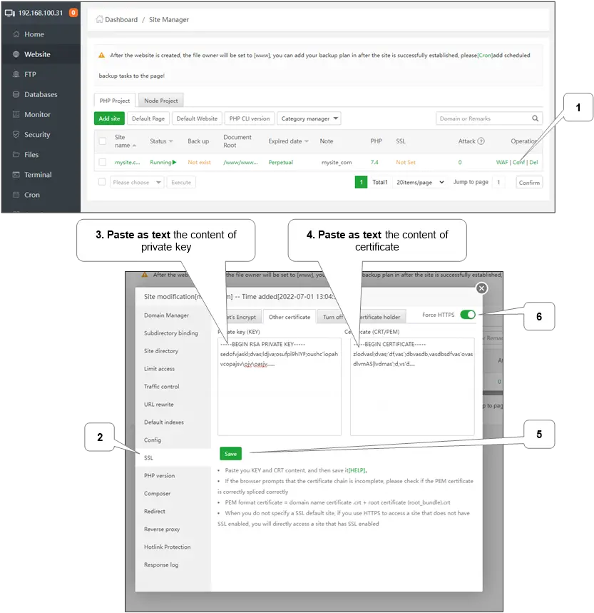 “WordPress installation and VPS server configuration dashboard”