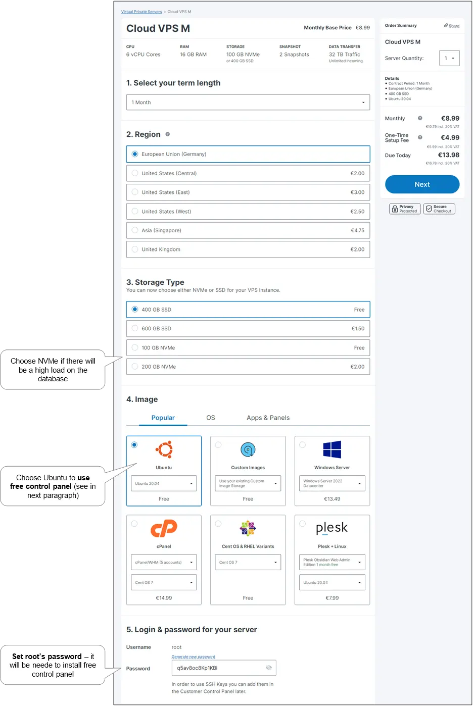 “WordPress installation and VPS server configuration dashboard”