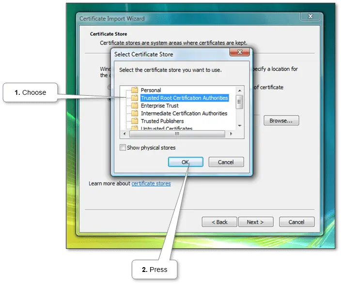 “Installing a trusted root certificate in Windows using the Certificate Import Wizard”