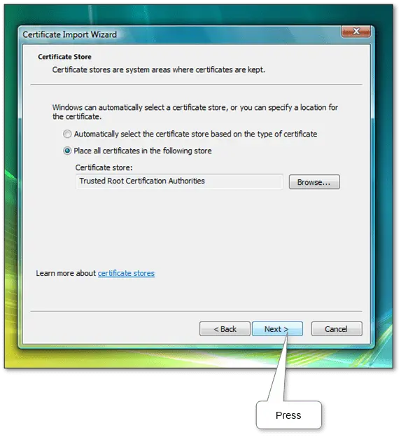 “Installing a trusted root certificate in Windows using the Certificate Import Wizard”