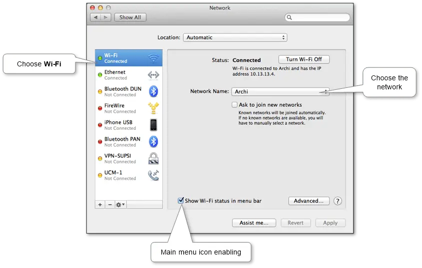 “MacBook connected to a wireless Wi-Fi network using macOS settings”