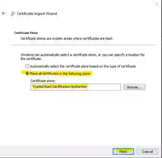“Installing a trusted root certificate in Windows using the Certificate Import Wizard”