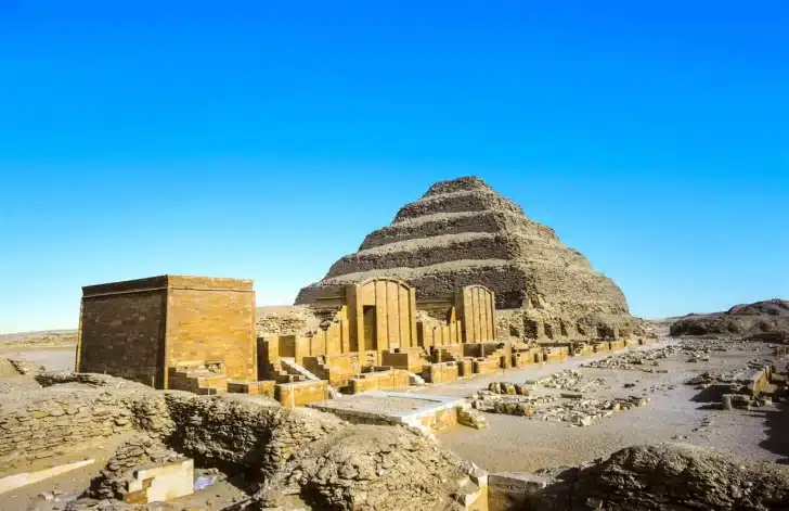 “The Step Pyramid of Djoser in Saqqara showing ancient Egyptian architectural engineering”