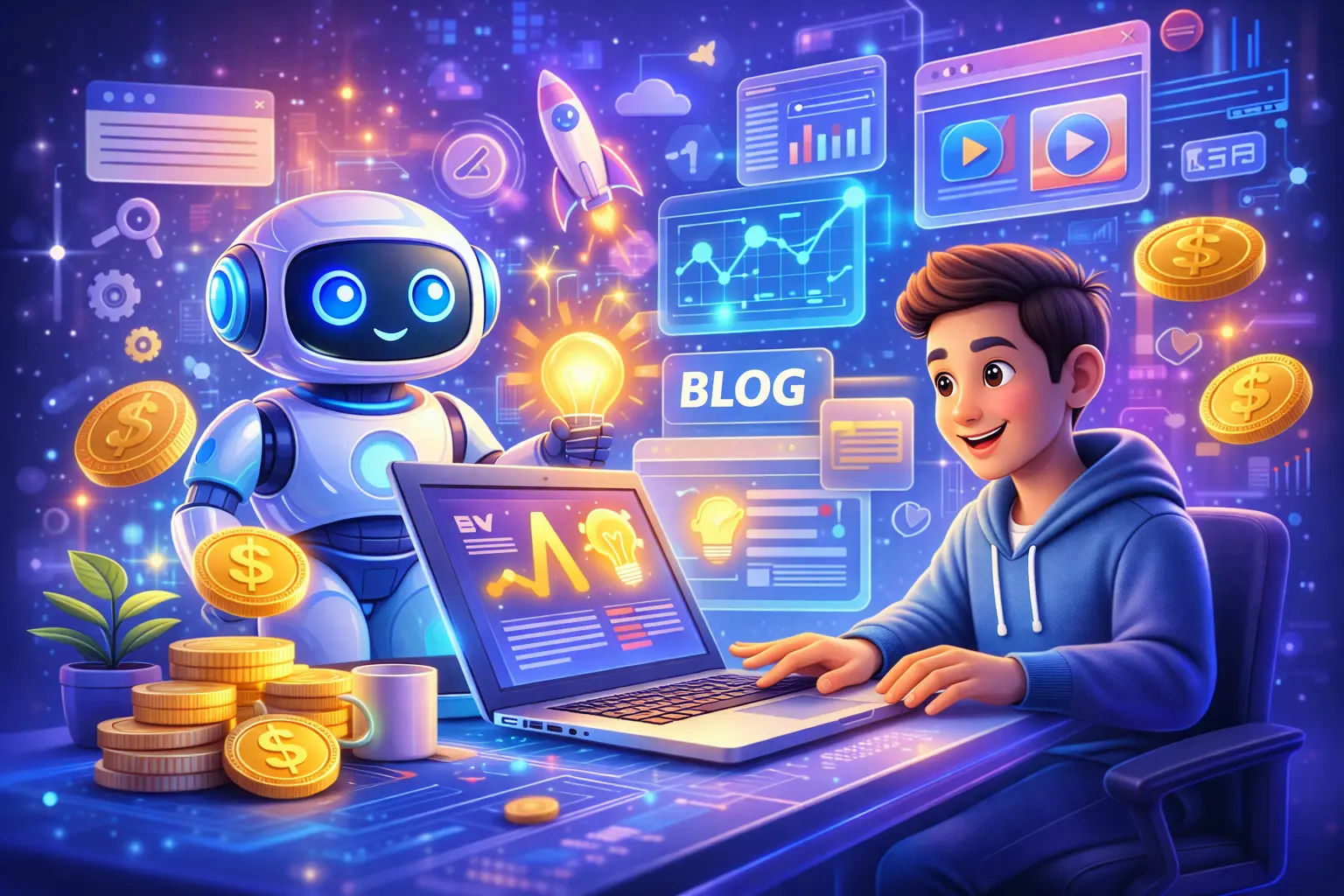 “Beginner using AI tools to build online income and digital side hustles”
