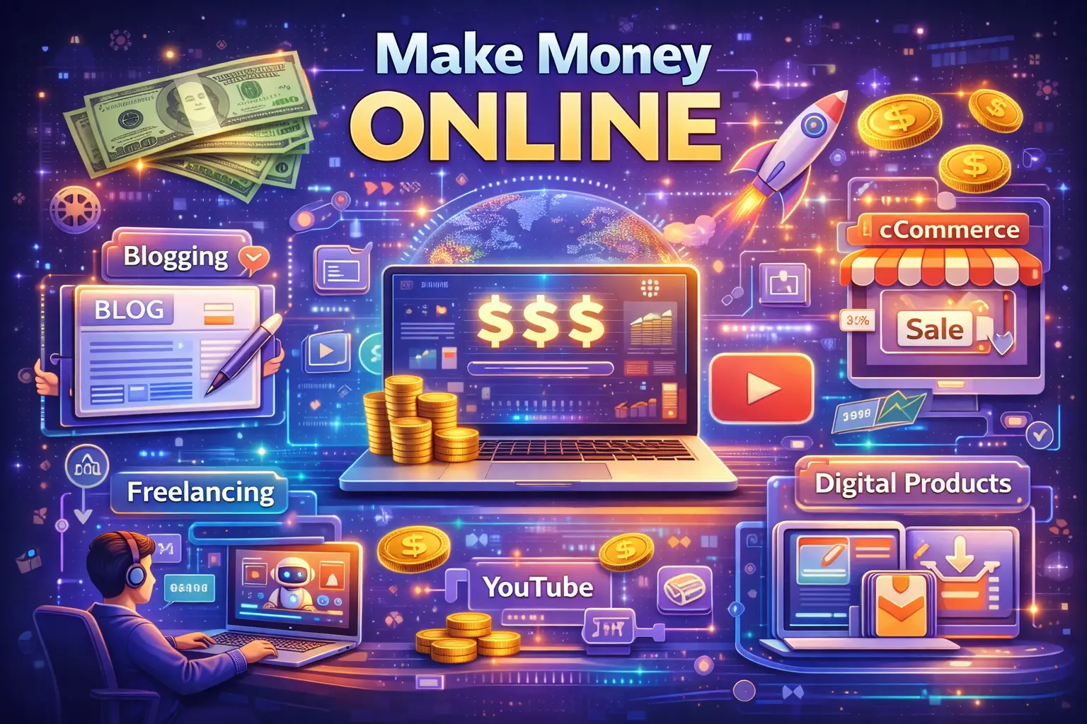 modern illustration showing different ways to make money online, laptop with icons for blogging, youtube, freelancing, ecommerce, digital products, bright futuristic style