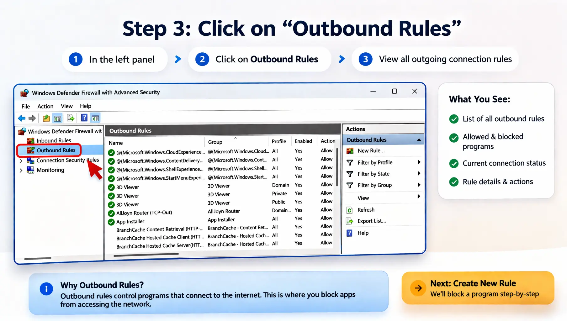 A screenshot of Windows Defender Firewall with Advanced Security highlighting the "Outbound Rules" option in the left panel on Windows 11.