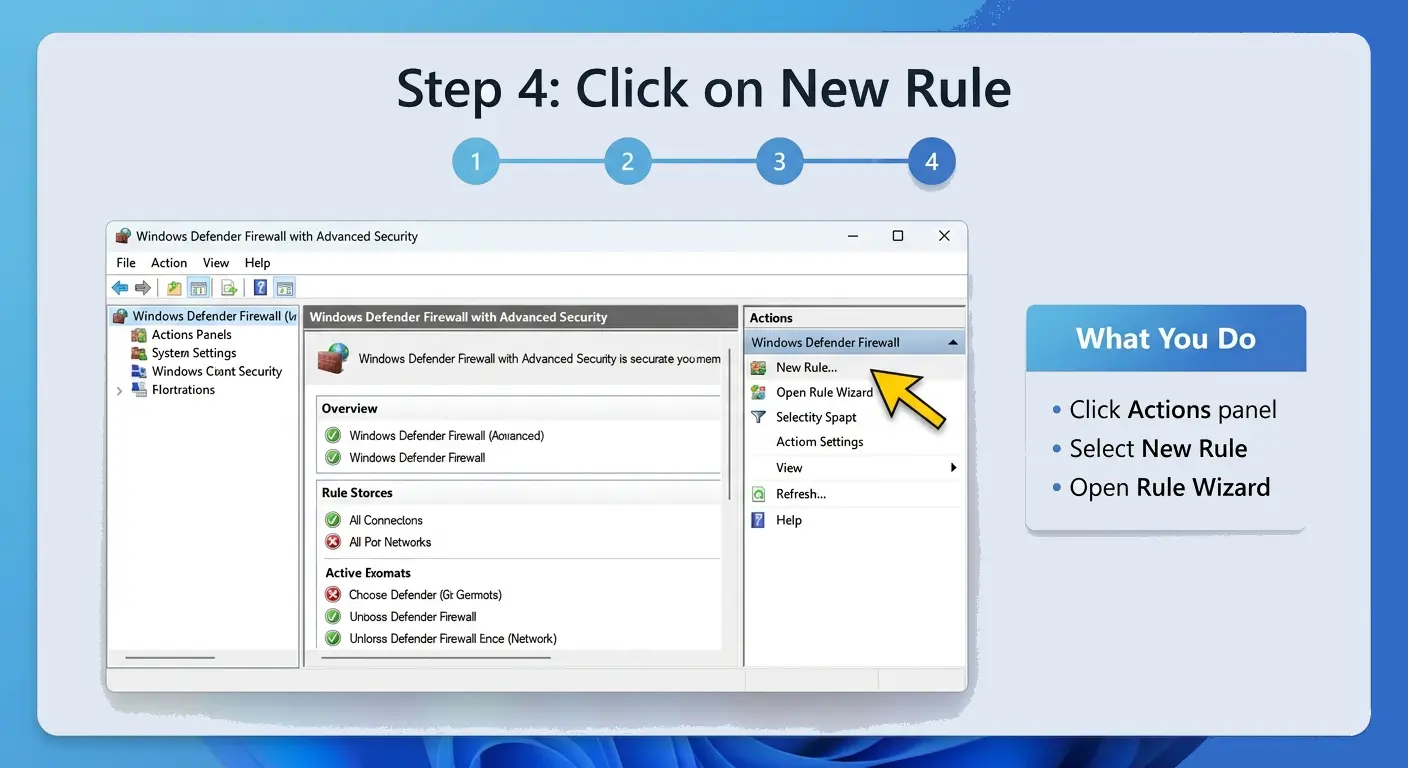 Windows Firewall Advanced Security showing the “New Rule” option in the Actions panel on Windows 11.