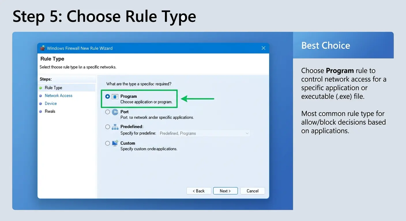Selecting “Program” as rule type in Windows Firewall New Rule Wizard.