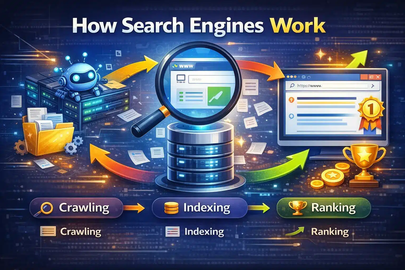 WordPress SEO 2026 beginner guide illustration with Rank Math dashboard
