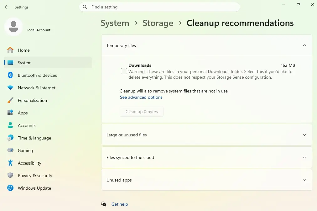 Windows 11 Cleanup recommendations showing temporary files and unused apps