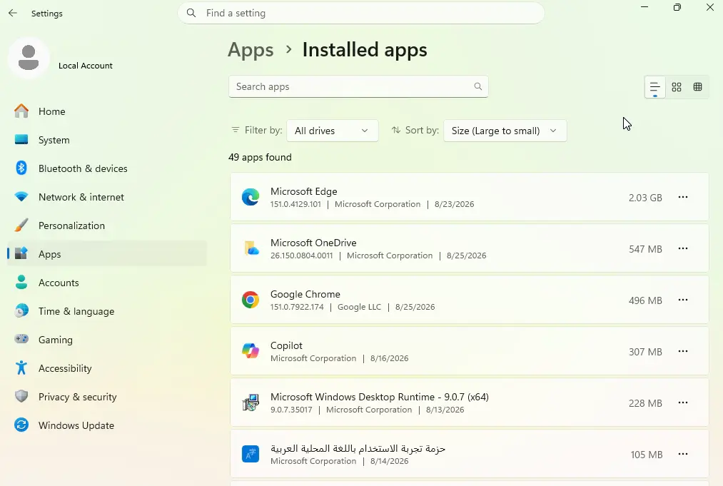 Windows 11 Installed apps sorted by size to find large programs