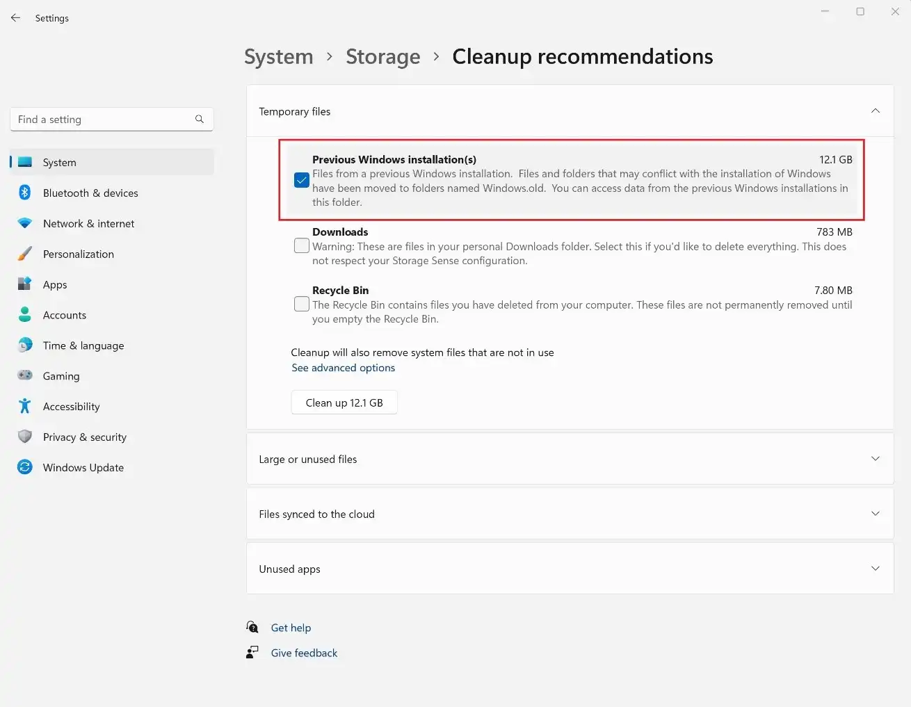 Windows 11 Cleanup recommendations showing previous Windows installation files