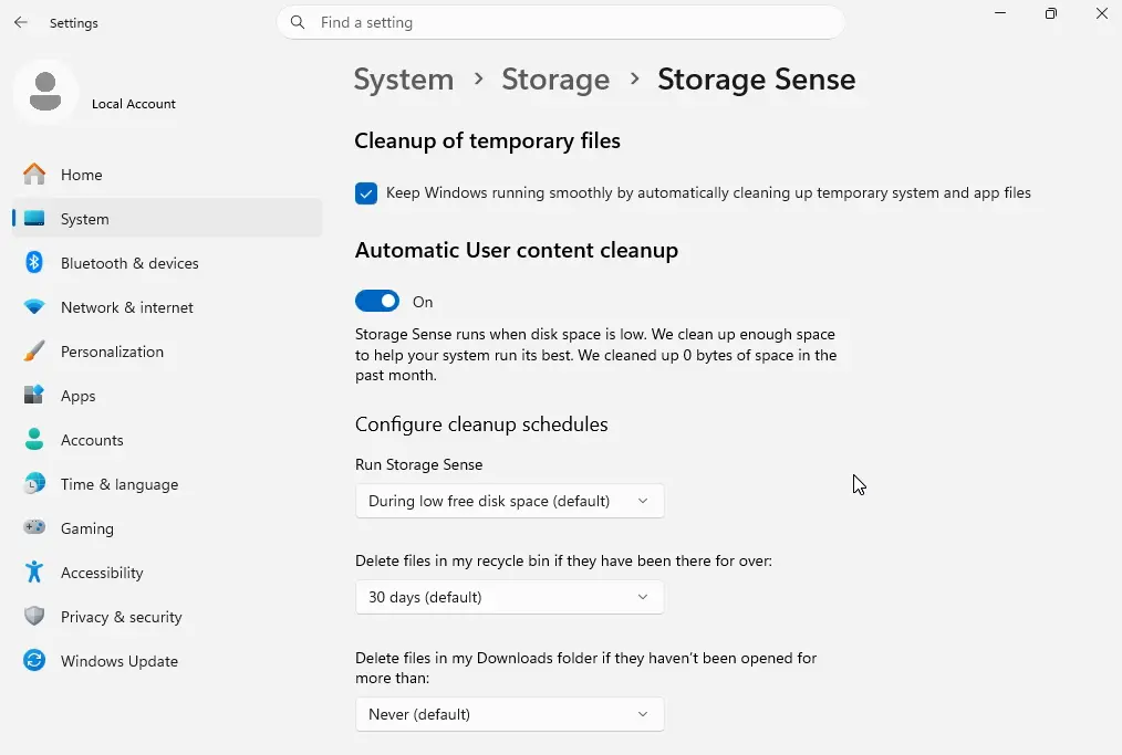 Windows 11 Storage Sense settings for automatically freeing disk space