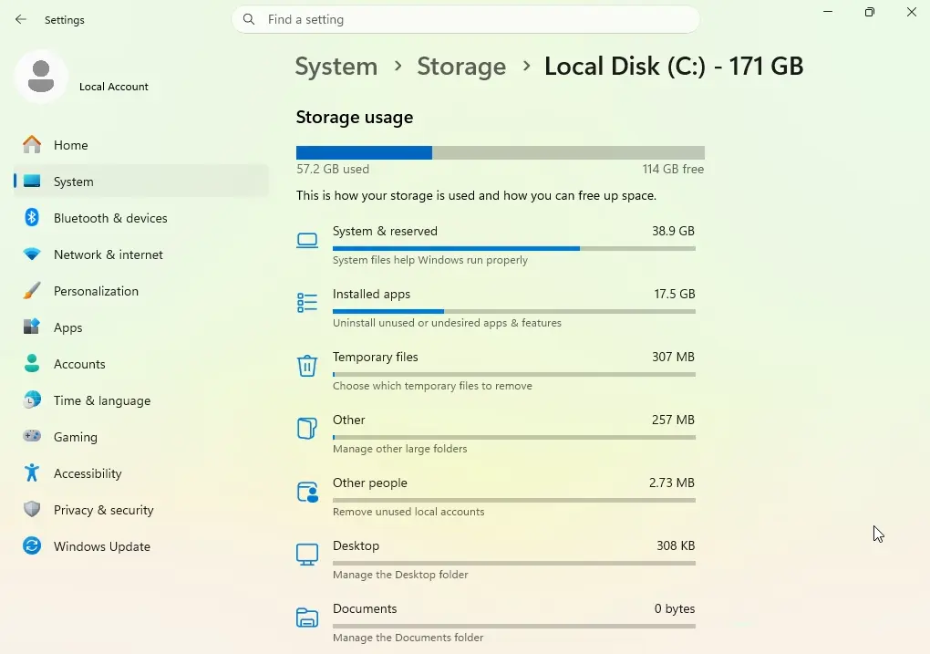 Windows 11 Storage settings showing disk space usage and storage categories