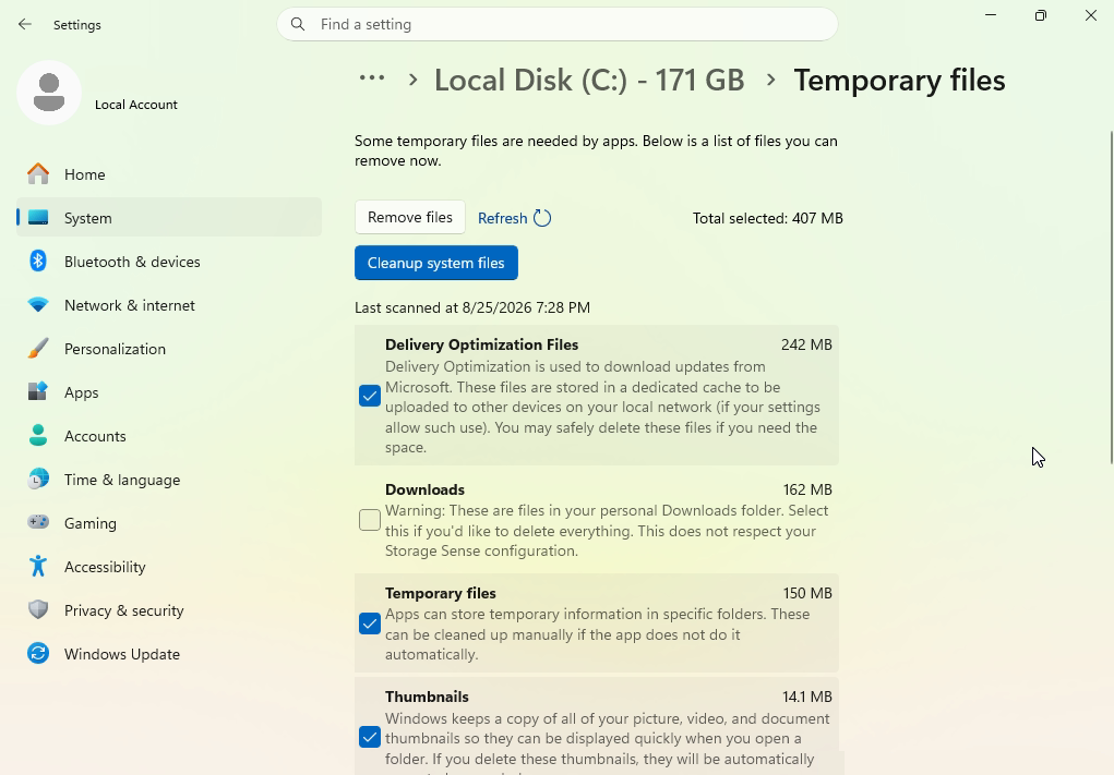 Windows 11 Temporary files cleanup settings for freeing disk space
